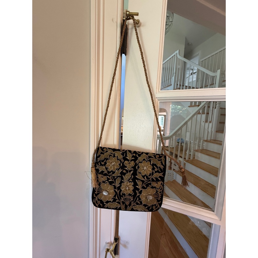 Handmade India Black Velvet Gold Floral Embroidered Pearl Tassel Shoulder Bag